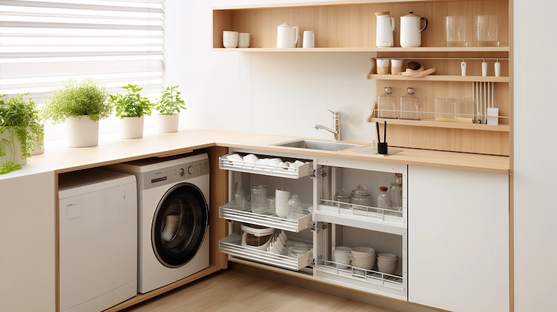 Desain Dapur Mungil Terbuka yang Menyatu dengan Area Cuci