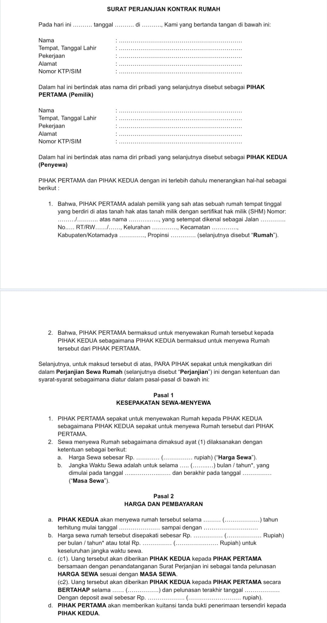 Contoh Surat Perjanjian Kontrak Rumah