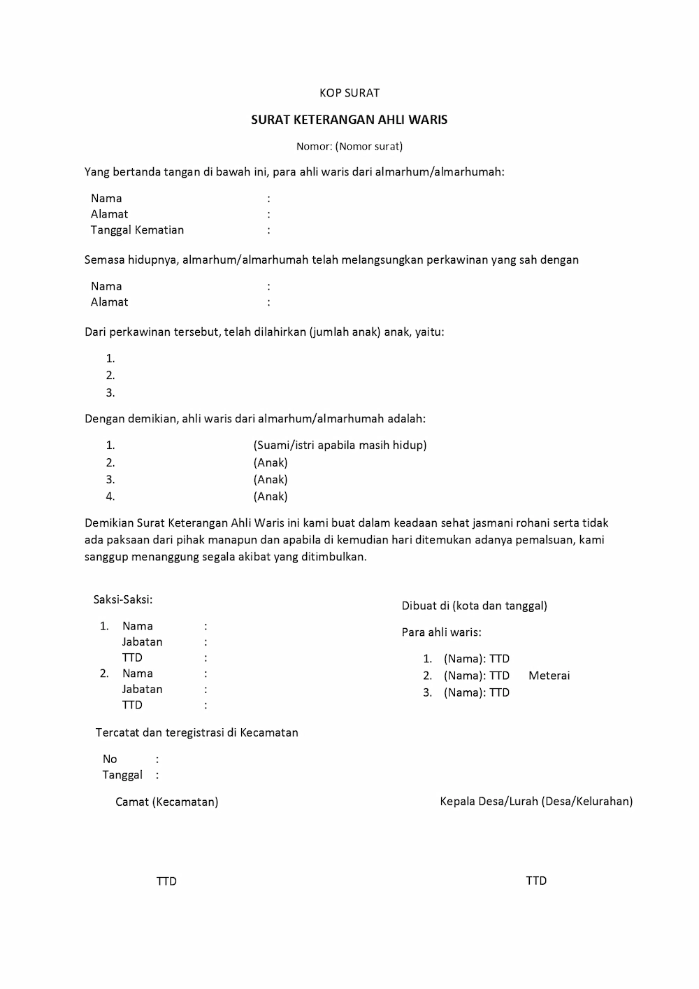 contoh surat keterangan ahli waris dari kelurahan dan kecamatan