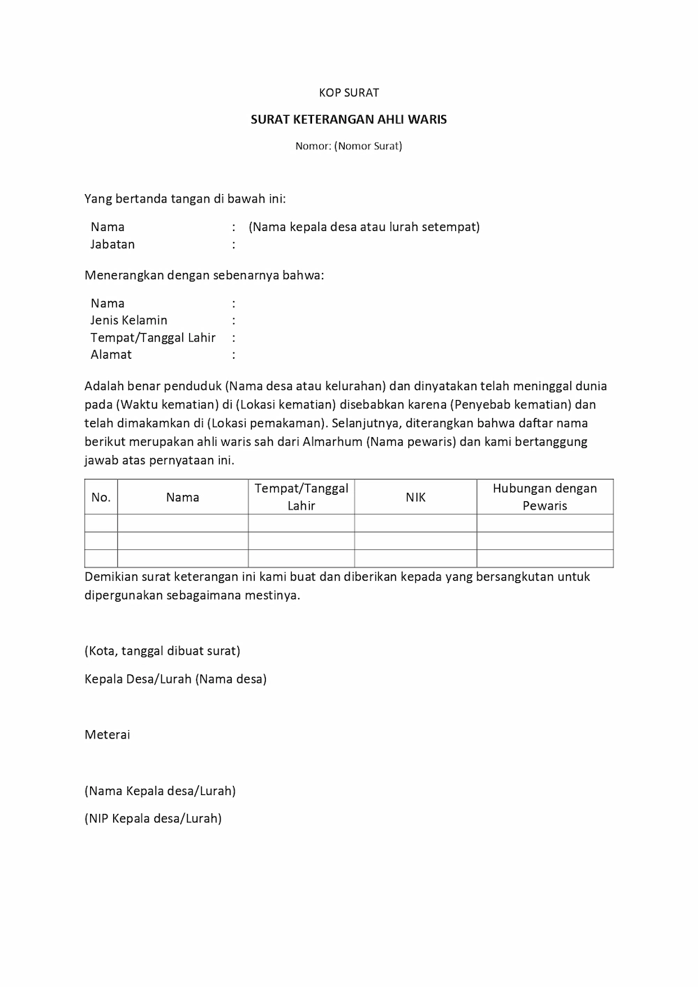 contoh surat keterangan ahli waris dari kelurahan dan kecamatan
