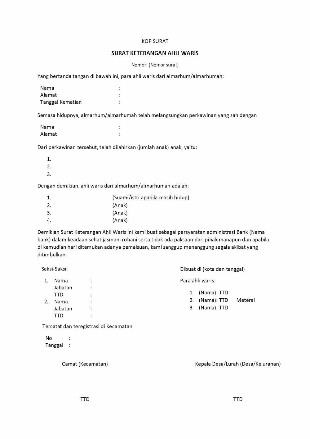 Surat Keterangan Ahli Waris untuk Bank