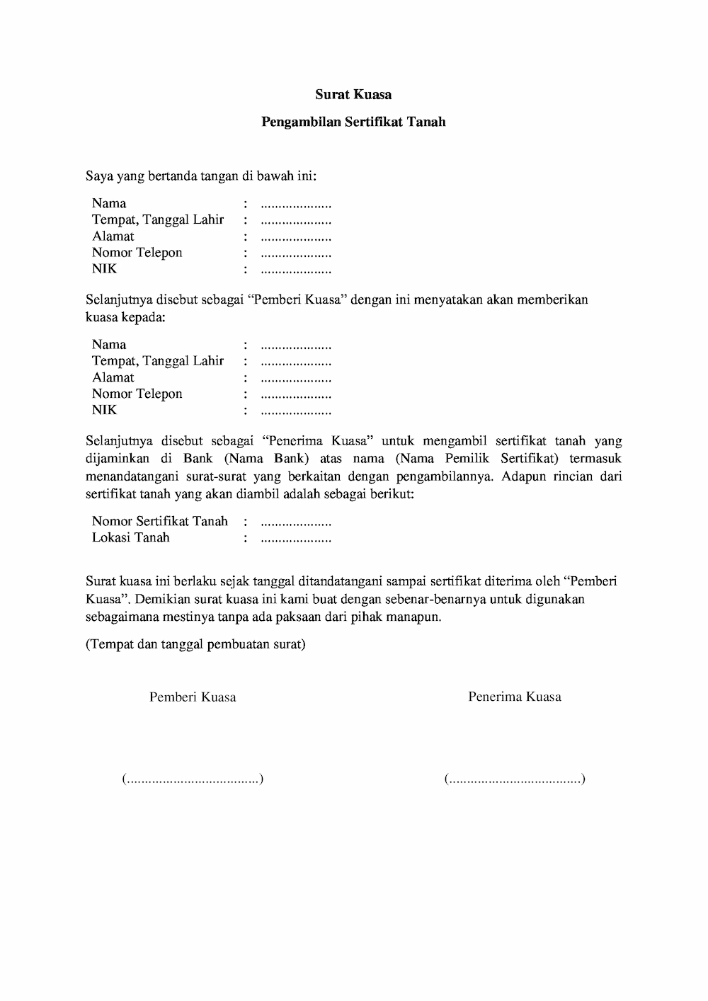 Contoh Surat Kuasa Pengambilan Sertifikat Tanah