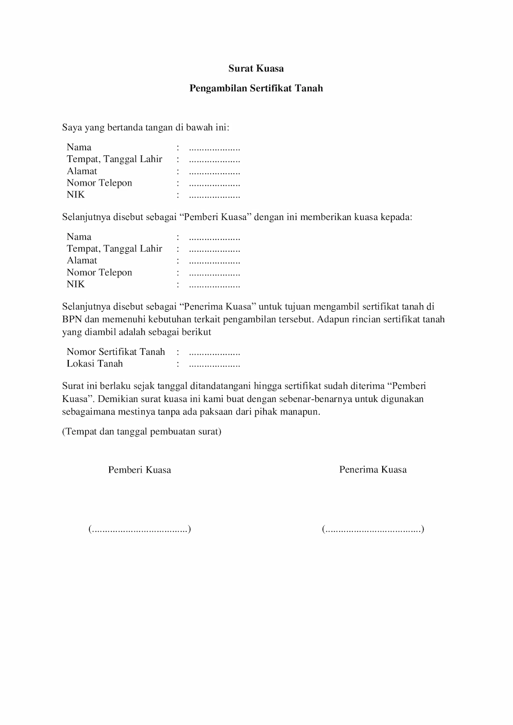 contoh surat kuasa untuk pengambilan sertifikat tanah di BPN