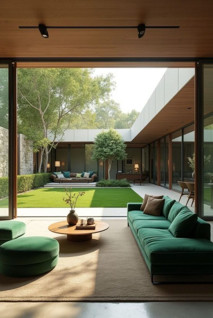 Design rumah open space yang membuat ruang tamu seperti langsung terhubung dengan taman belakang