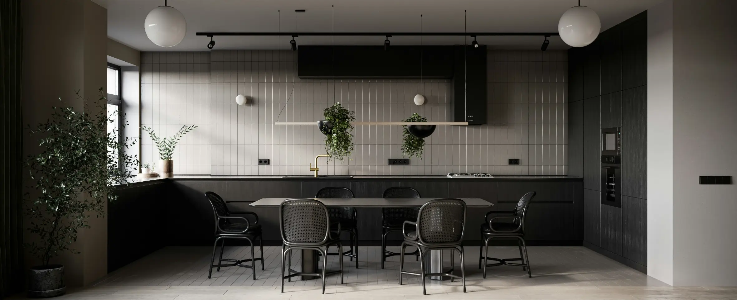 design dapur putih dengan aksen hitam