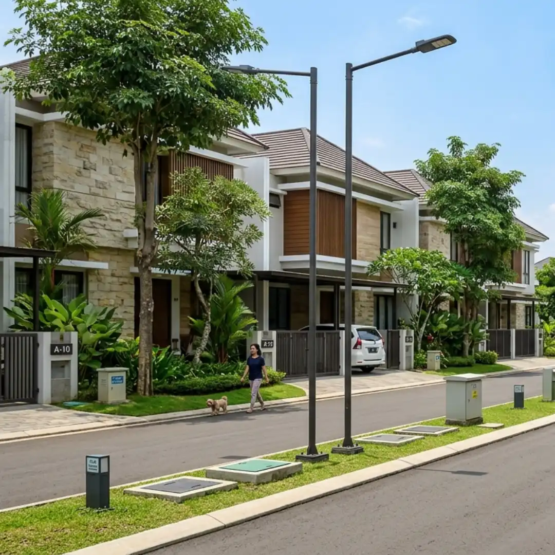 Perumahan dengan desain kabel listrik yang ditanam di bawah tanah dalam artikel Kenapa Kabel Listrik Ditanam di Bawah Tanah di website Ecotown.id