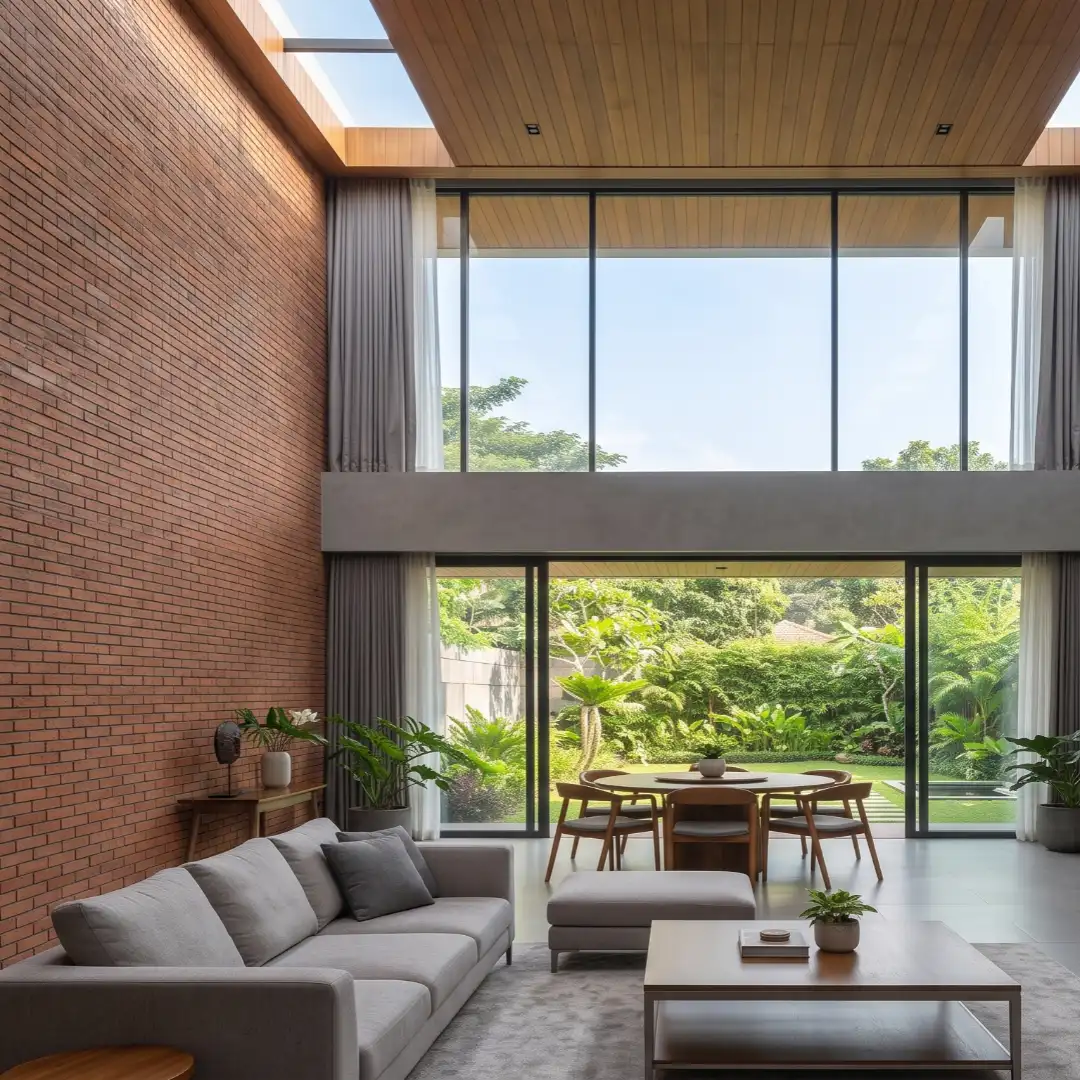 Sebuah living room dengan langit-langit tinggi dalam artikel Manfaat Langit-Langit Tinggi di Rumah di website Ecotown.id