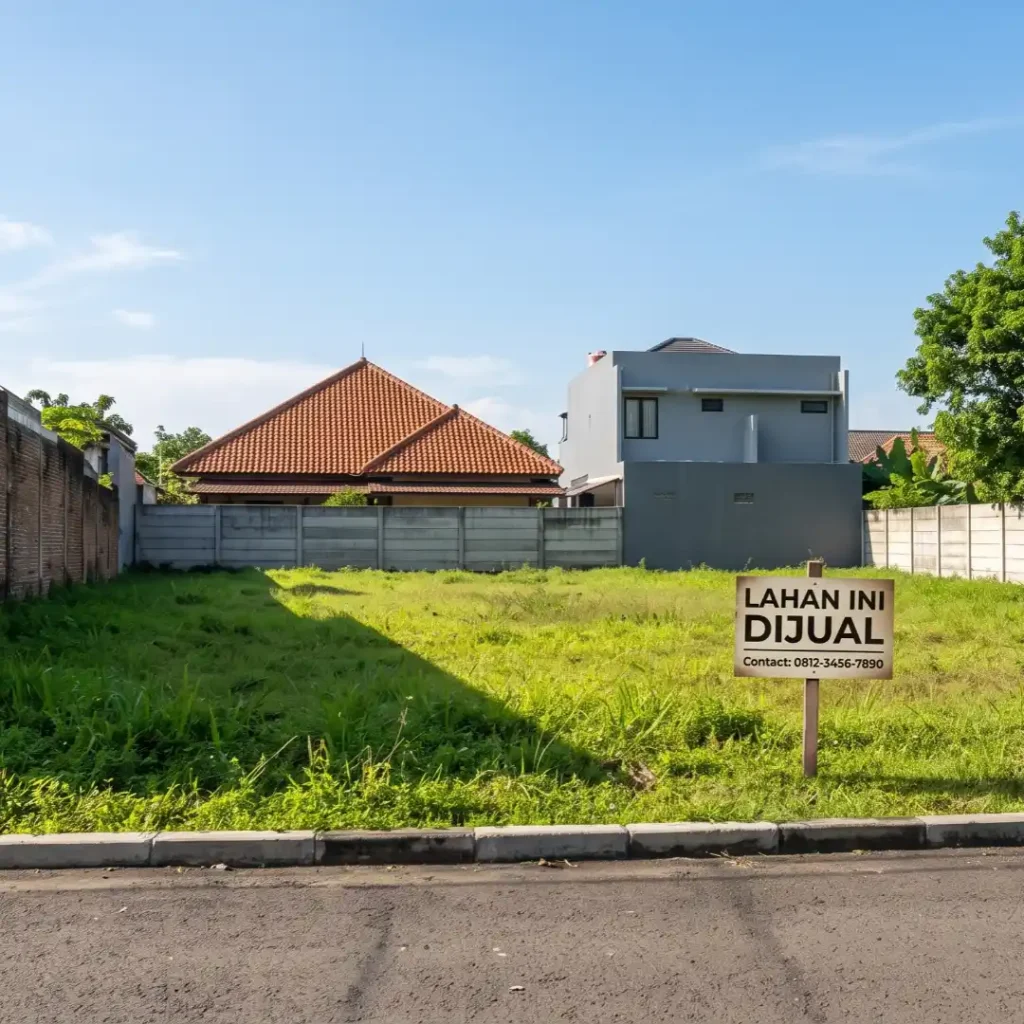 Ilustrasi tanah kosong dengan tulisan "lahan ini dijual" dalam artikel Rumah Luas Tanah 100 Meter Persegi di Depok di website Ecotown.id