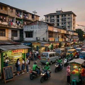 Suasana sebuah jalanan yang penuh dengan pedagang kaki lima dan orang lalu -lalang dalam artikel Biaya Hidup di Depok di website Ecotown.id