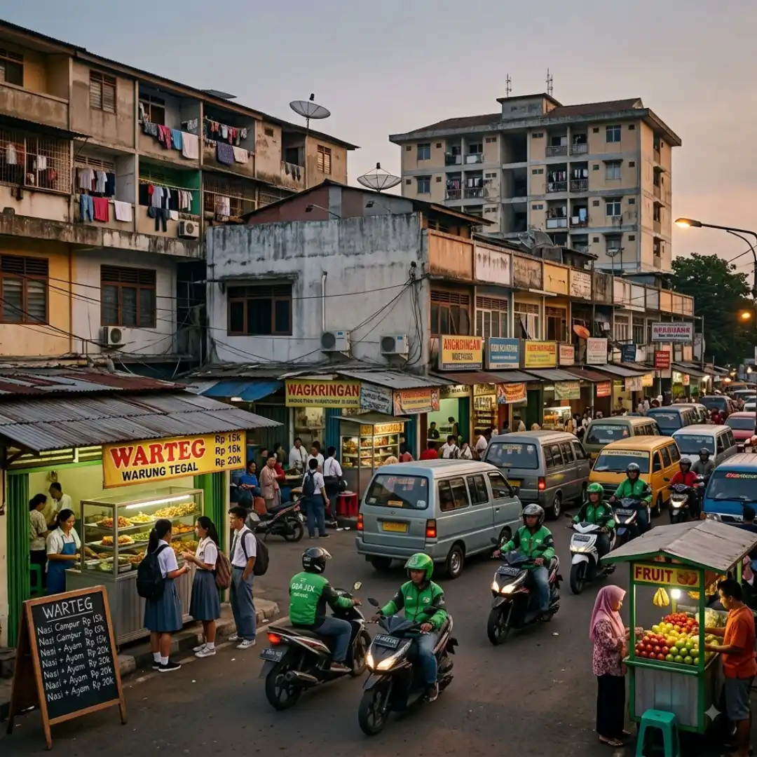 Suasana sebuah jalanan yang penuh dengan pedagang kaki lima dan orang lalu -lalang dalam artikel Biaya Hidup di Depok di website Ecotown.id