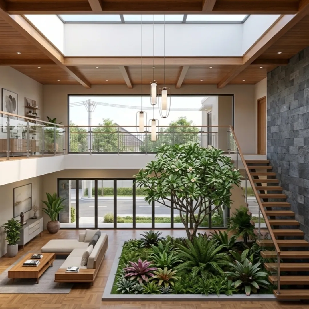 Ilustrasi tampak dalam sebuah rumah dalam artikel Desain Void Rumah di website Ecotown.id