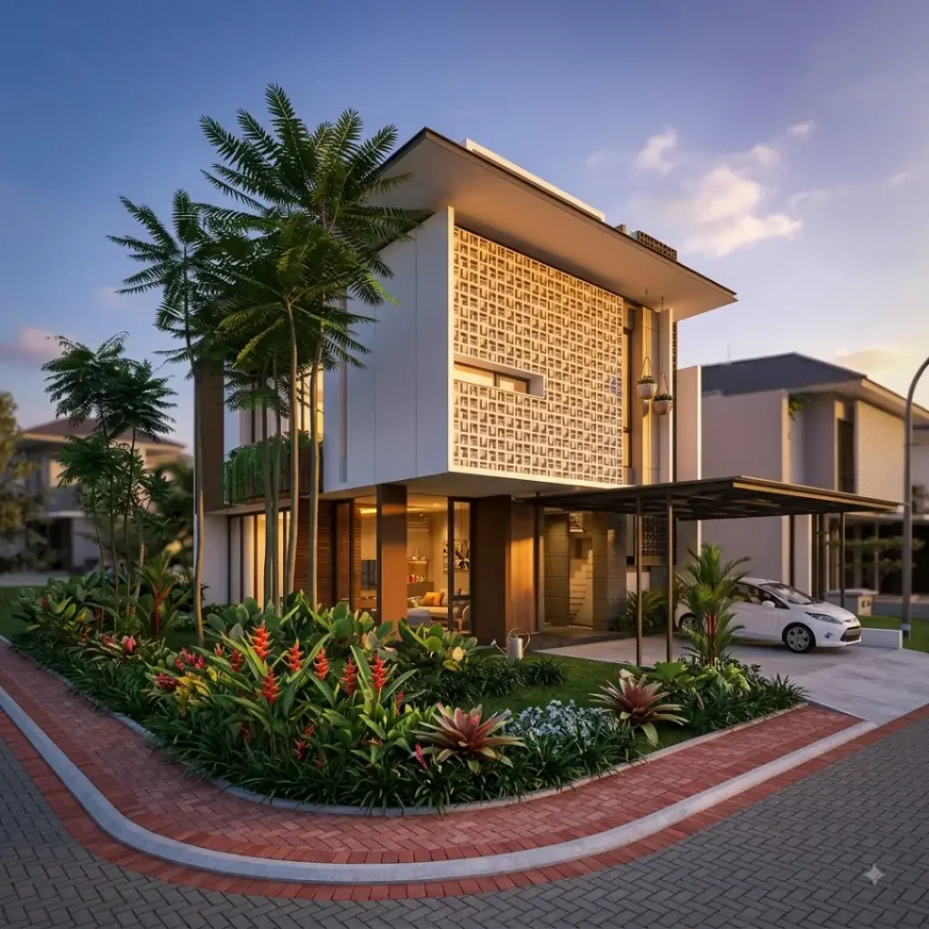 Ilustrasi rumah yang berada di hook/pojok dalam artikel Kelebihan Rumah Hook di website Ecotown.id