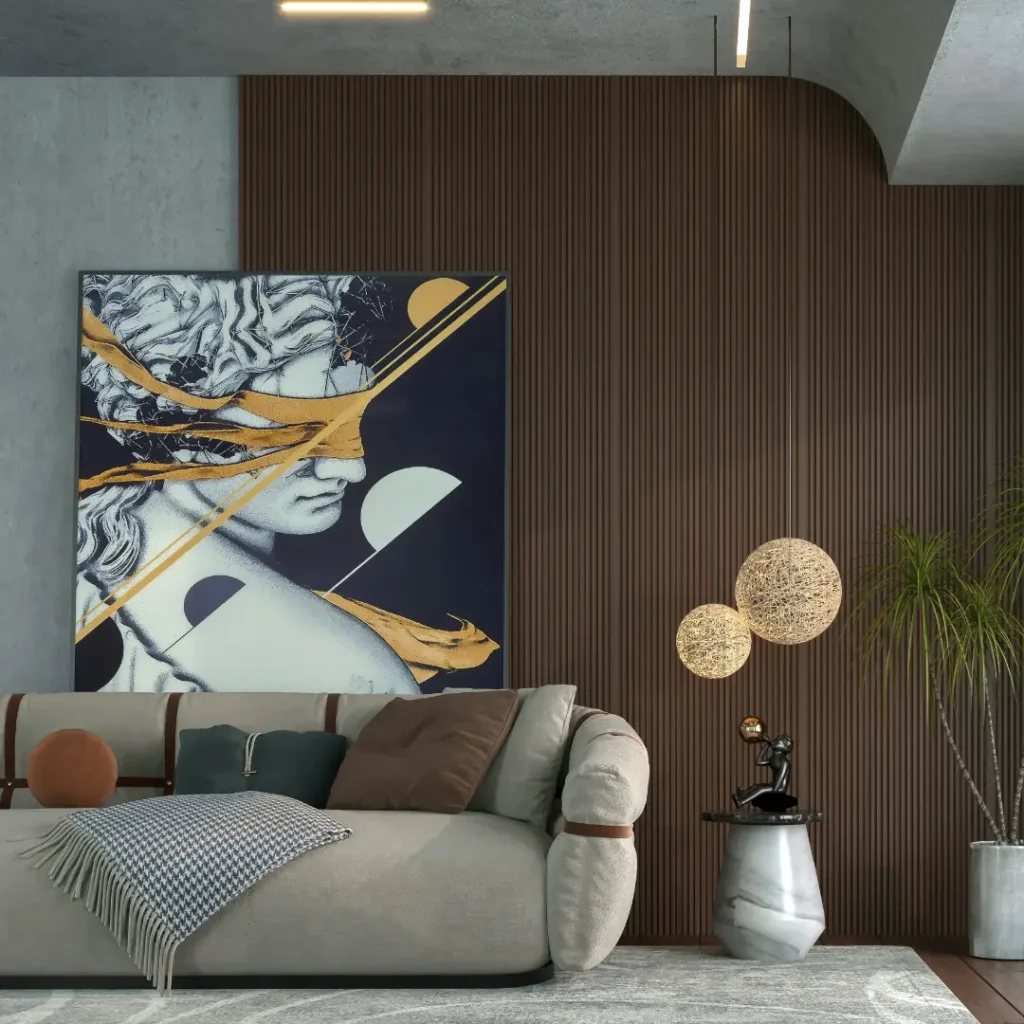 Ruang tamu modern dengan sofa abu-abu, lukisan seni klasik abstrak di dinding panel kayu, dan lampu gantung unik dalam artikel "Dekorasi Dinding Ruang Tamu" di website Ecotown.id