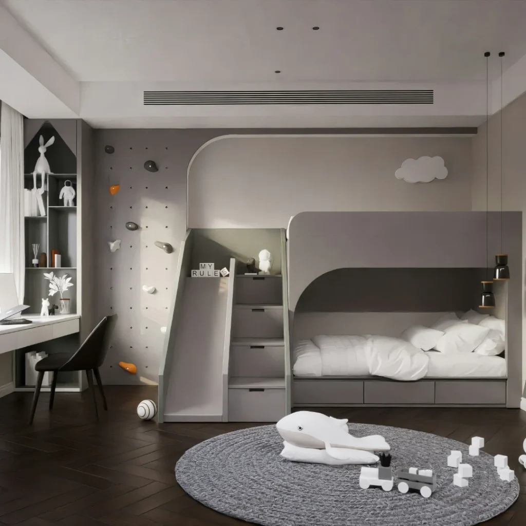 Interior kamar tidur anak minimalis bernuansa abu-abu dan kayu, dilengkapi tempat tidur tingkat, perosotan, dinding panjat tebing mini, serta meja belajar dalam artikel "Desain Kamar Anak Minimalis" di website Ecotown.id