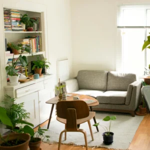 Ruang tamu minimalis yang dipenuhi tanaman hias, dilengkapi sofa kain abu-abu, meja kayu segitiga, dan rak buku built-in warna putih dalam artikel "Furnitur Multifungsi Untuk Rumah Kecil" di website Ecotown.id