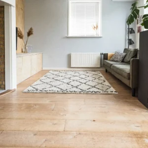 Ruang keluarga minimalis dengan lantai kayu hangat, karpet bermotif geometris, serta sofa abu-abu dalam artikel "Jenis Lantai Rumah" di website Ecotown.id