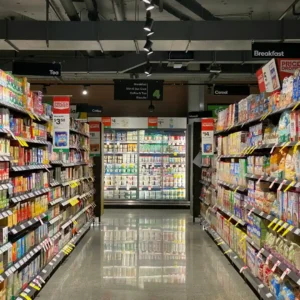 Lorong supermarket yang terang dan bersih dengan rak-rak di kedua sisi yang memajang berbagai produk makanan kemasan seperti sereal dan teh, mengarah pada deretan lemari pendingin di ujung lorong. Gambar ini berada dalam artikel "Supermarket di Sawangan Depok" di website Ecotown.id