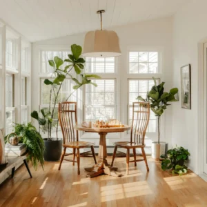 Area makan yang terang di dekat jendela besar, dilengkapi meja kayu dengan papan catur di atasnya, kursi kayu, serta berbagai tanaman hias dalam pot. Gambar ini berada dalam artikel "Sewa vs Beli Rumah" di website Ecotown.id