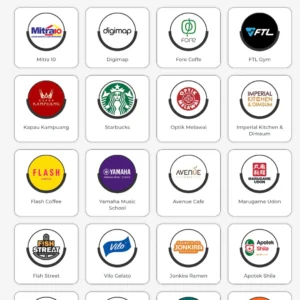 Daftar logo tenant ternama di Vasanta Ecotown Sawangan, seperti Mitra 10, Digimap, Fore Coffee, Starbucks, Marugame Udon, dan Vilo Gelato. Gambar ini berada di artikel "Tenant Ecotown Sawangan" di website Ecotown.id